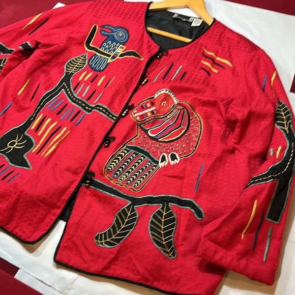 Maggie Barnes RED BIRD artsy button up BLAZER Art to wear,TOTEM pole shapes 3XL - Picture 6 of 16